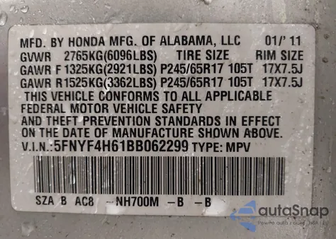2011 Honda Pilot Ex-L z USA, uszkodzony, nr VIN 5FNYF4H61BB062299
